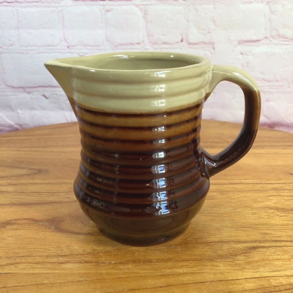 Vintage Three Tone Brown Ribbed Stoneware Covered Sugar Creamer Mug Set